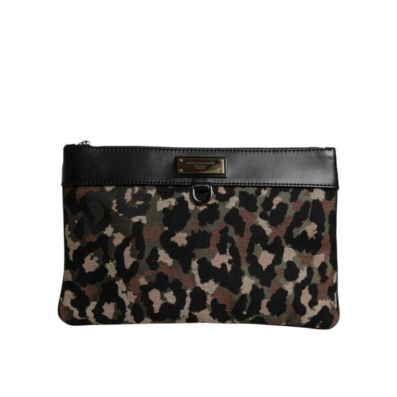 Dolce & Gabbana Multicolor Leopard Jacquard Print Logo Plaque Pouch Men's Bag